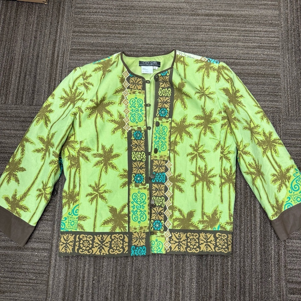 City Girl Vacation Tropical Palm Tree Green Brown Button Down Shirt Vintage Y2K